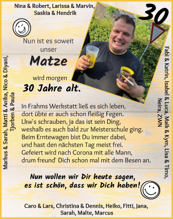 Glückwunschanzeige von Matze  von Osterholzer Kreisblatt