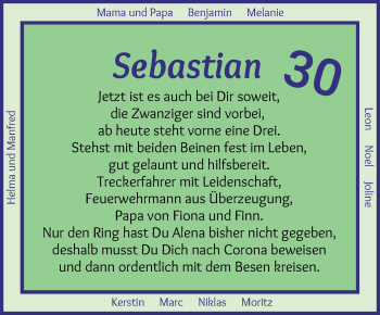 Glückwunschanzeige von Sebastian Stelling von Osterholzer Kreisblatt