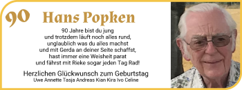 Glückwunschanzeige von Hans Popken von WESER-KURIER