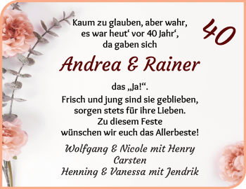 Glückwunschanzeige von Andrea & Rainer Rosenbrock von Wuemme Zeitung