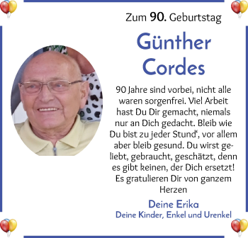 Glückwunschanzeige von Günther Cordes von Die Norddeutsche