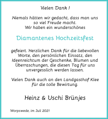 Glückwunschanzeige von Heinz und Uschi Brünjes von Wuemme Zeitung