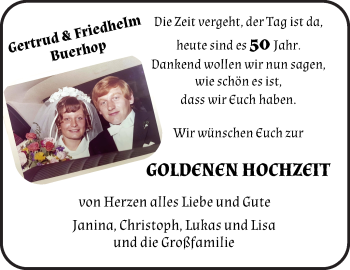 Glückwunschanzeige von Gertrud und Wilhelm Buerhop von Wuemme Zeitung