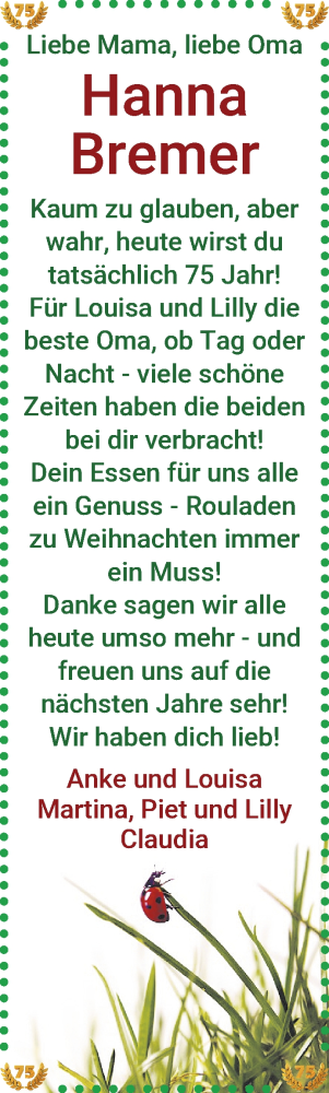 Glückwunschanzeige von Hanna Bremer von Wuemme Zeitung