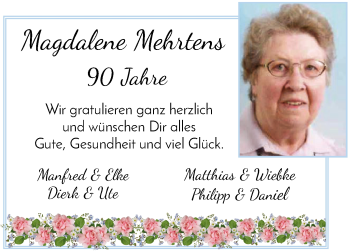 Glückwunschanzeige von Magdalene Mehrtens von Osterholzer Kreisblatt