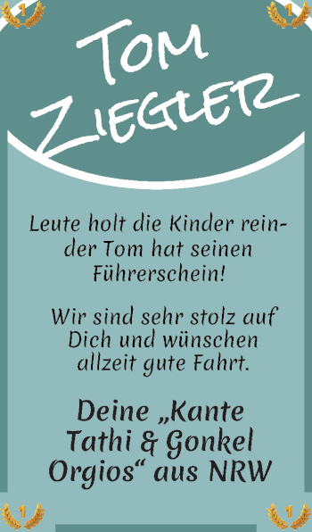 Glückwunschanzeige von Tom Ziegler von WESER-KURIER