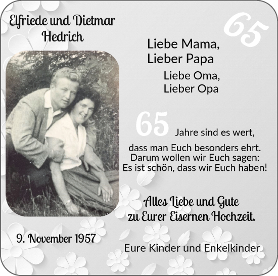 Glückwunschanzeige von Elfriede + Dietmar Hedrich von WESER-KURIER