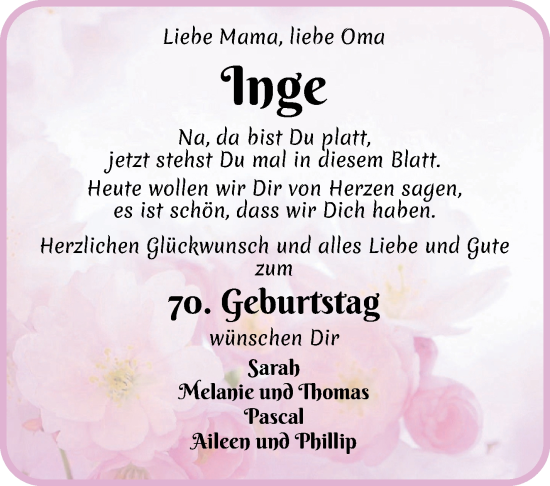 Glückwunschanzeige von Inge Tietjen von Wuemme Zeitung