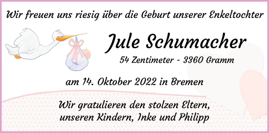 Glückwunschanzeige von Jule Schumacher von WESER-KURIER