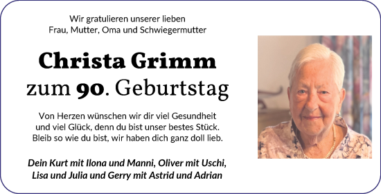Glückwunschanzeige von Christa Grimm von Die Norddeutsche