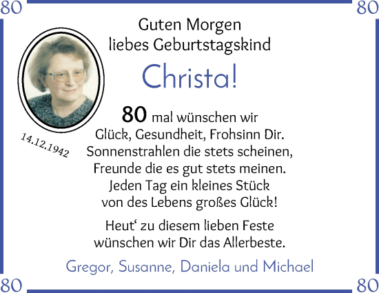 Glückwunschanzeige von Christa Nahler von Die Norddeutsche