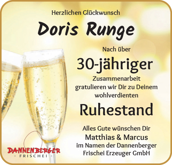 Glückwunschanzeige von Doris Runge von Wuemme Zeitung