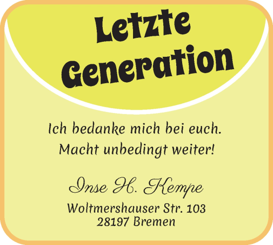 Glückwunschanzeige von Inse H. Kempe von WESER-KURIER
