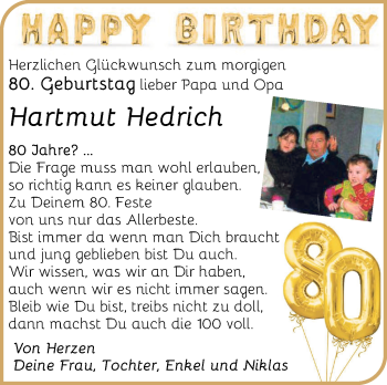 Glückwunschanzeige von Hartmut Hedrich von Osterholzer Kreisblatt