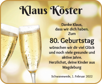 Glückwunschanzeige von Klaus Köster von Die Norddeutsche