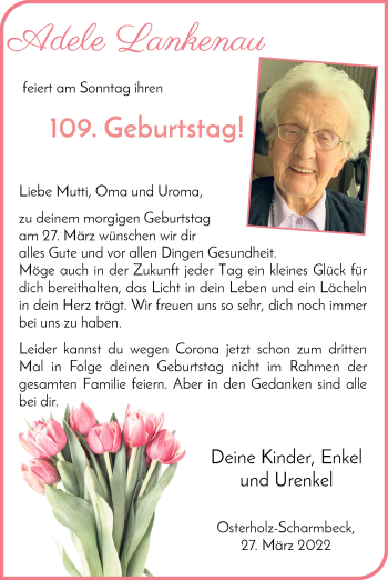 Glückwunschanzeige von Adele Lankenau von Osterholzer Kreisblatt
