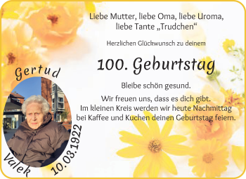 Glückwunschanzeige von Gertrud Valek von Osterholzer Kreisblatt