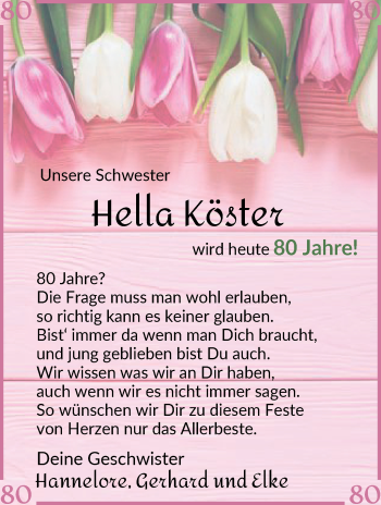 Glückwunschanzeige von Hella Köster von Wuemme Zeitung
