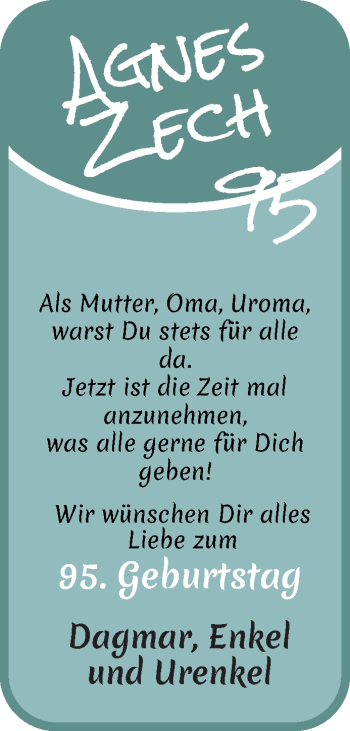 Glückwunschanzeige von Agnes Zech von WESER-KURIER