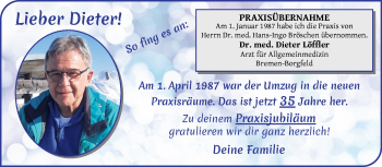 Glückwunschanzeige von Dieter Löffler von Wuemme Zeitung