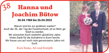 Glückwunschanzeige von Hanna und Joachim Bütow von WESER-KURIER