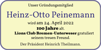 Glückwunschanzeige von Heinz-Otto Peinemann von Die Norddeutsche