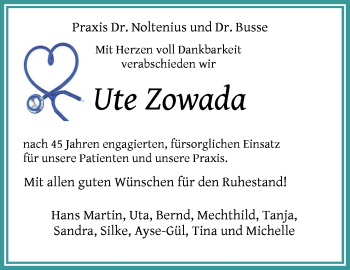 Glückwunschanzeige von Ute Zowada von Die Norddeutsche
