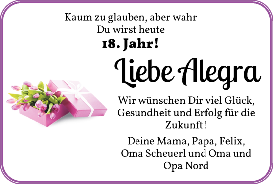 Glückwunschanzeige von Alegra Scheuerl von Die Norddeutsche