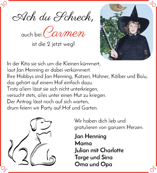 Glückwunschanzeige von Carmen Wohltmann von Wuemme Zeitung
