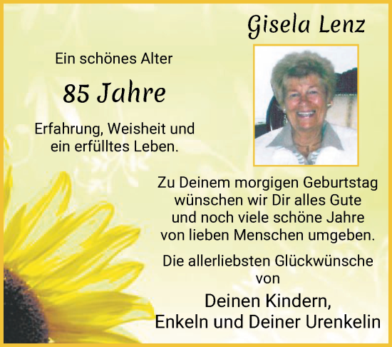Glückwunschanzeige von Gisela Lenz von WESER-KURIER