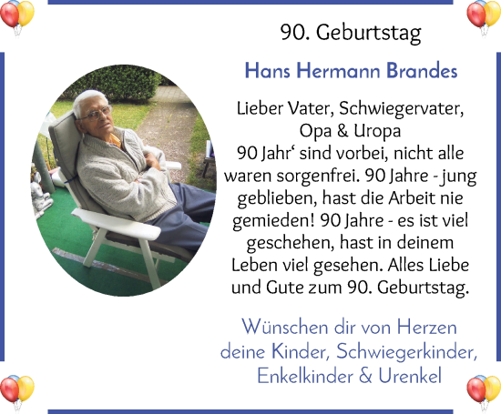 Glückwunschanzeige von Hans Hermann Brandes von WESER-KURIER