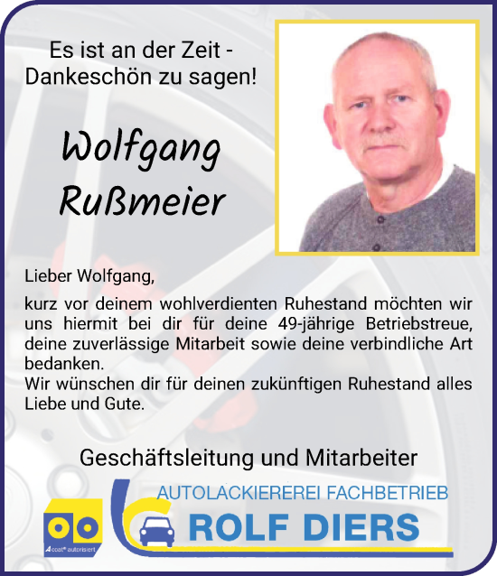 Glückwunschanzeige von Wolfgang Rußmeier von Osterholzer Kreisblatt