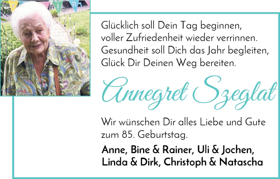 Glückwunschanzeige von Annegret Szeglat von WESER-KURIER