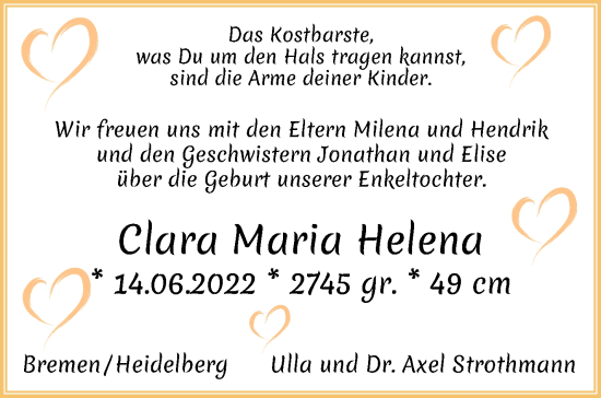 Glückwunschanzeige von Clara Maria Helena  von WESER-KURIER