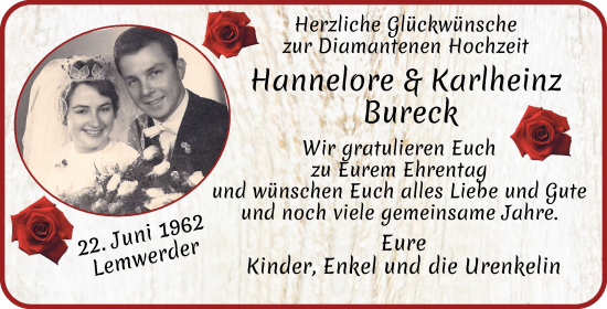 Glückwunschanzeige von Hannelore & Karlheinz Bureck von WESER-KURIER