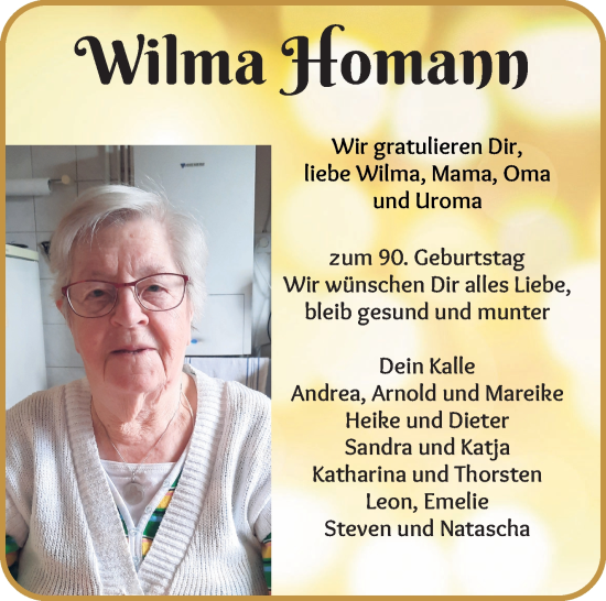 Glückwunschanzeige von Wilma Homann von WESER-KURIER