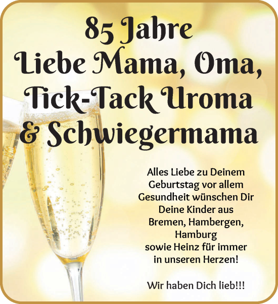 Glückwunschanzeige von 85zigsten Geburtstag  von WESER-KURIER
