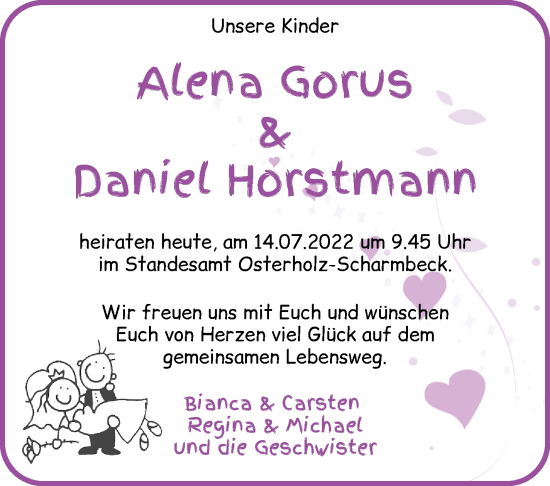 Glückwunschanzeige von Alena und Daniel  von Osterholzer Kreisblatt
