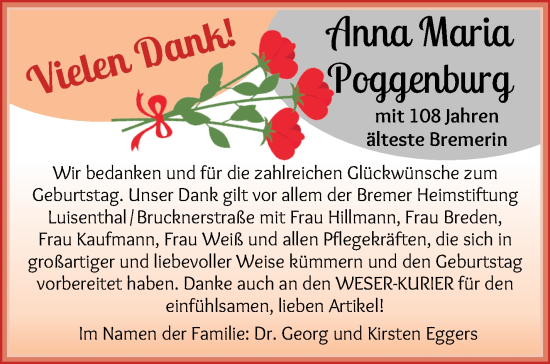 Glückwunschanzeige von Anna Maria Poggenburg von WESER-KURIER