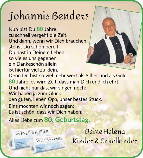 Glückwunschanzeige von Johannis Benders von Osterholzer Kreisblatt