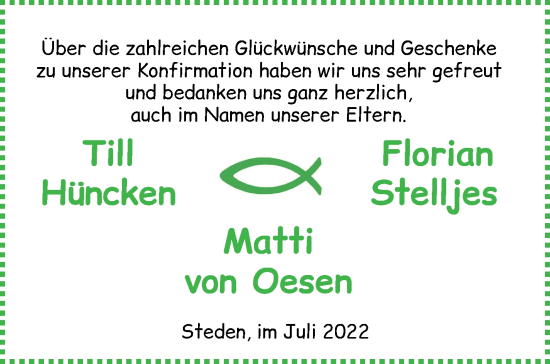 Glückwunschanzeige von Till, Florian, Matti Hüncken, Stelljes, Von Oesen von Osterholzer Kreisblatt