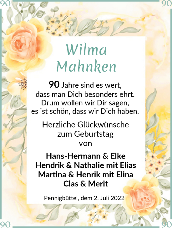 Glückwunschanzeige von Wilma Mahnken von Osterholzer Kreisblatt