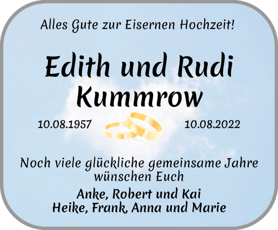 Glückwunschanzeige von Edith und Rudi Kummrow von Die Norddeutsche