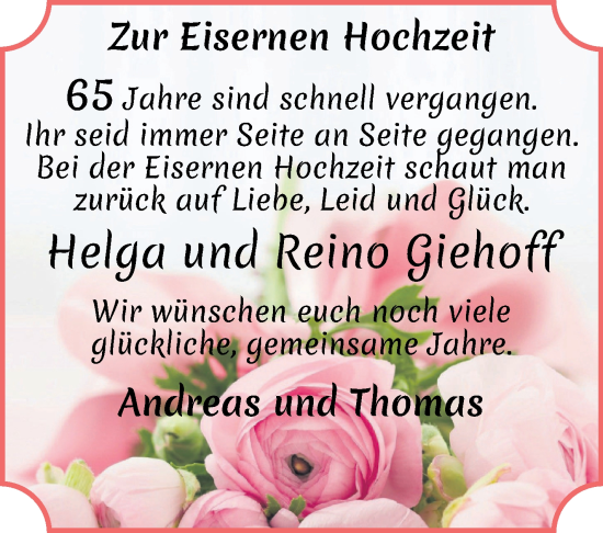 Glückwunschanzeige von Helga und Reino Giehoff von WESER-KURIER
