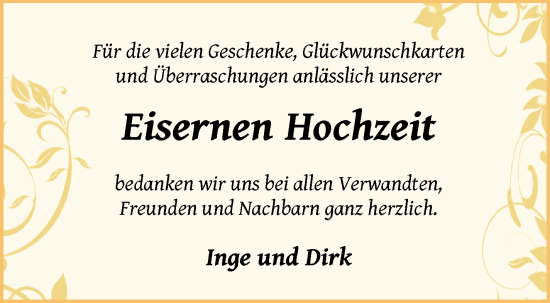Glückwunschanzeige von Inge und Dirk Hüsing von Wuemme Zeitung