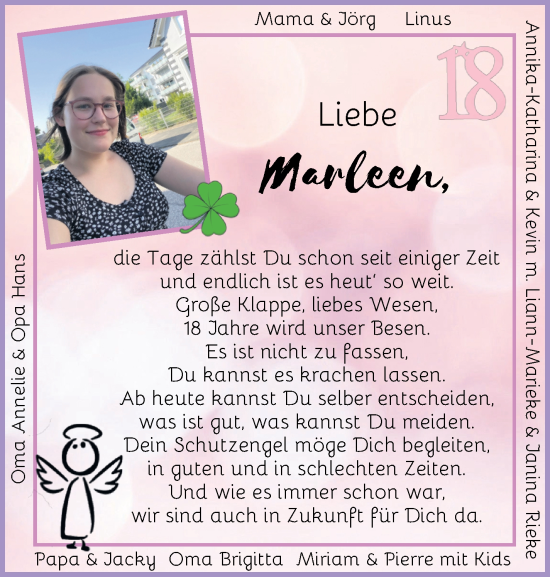 Glückwunschanzeige von Marleen  von Osterholzer Kreisblatt
