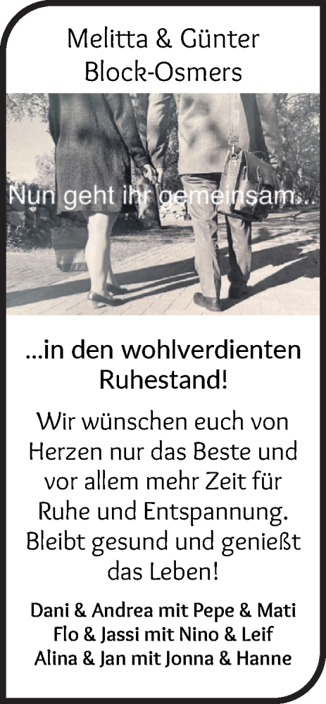 Glückwunschanzeige von Melitta und Günter Block-Osmers von WESER-KURIER