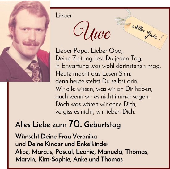 Glückwunschanzeige von Uwe  von WESER-KURIER