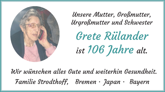 Glückwunschanzeige von Grete Rülander von WESER-KURIER