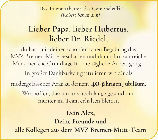 Glückwunschanzeige von Hubertus Riedel von WESER-KURIER